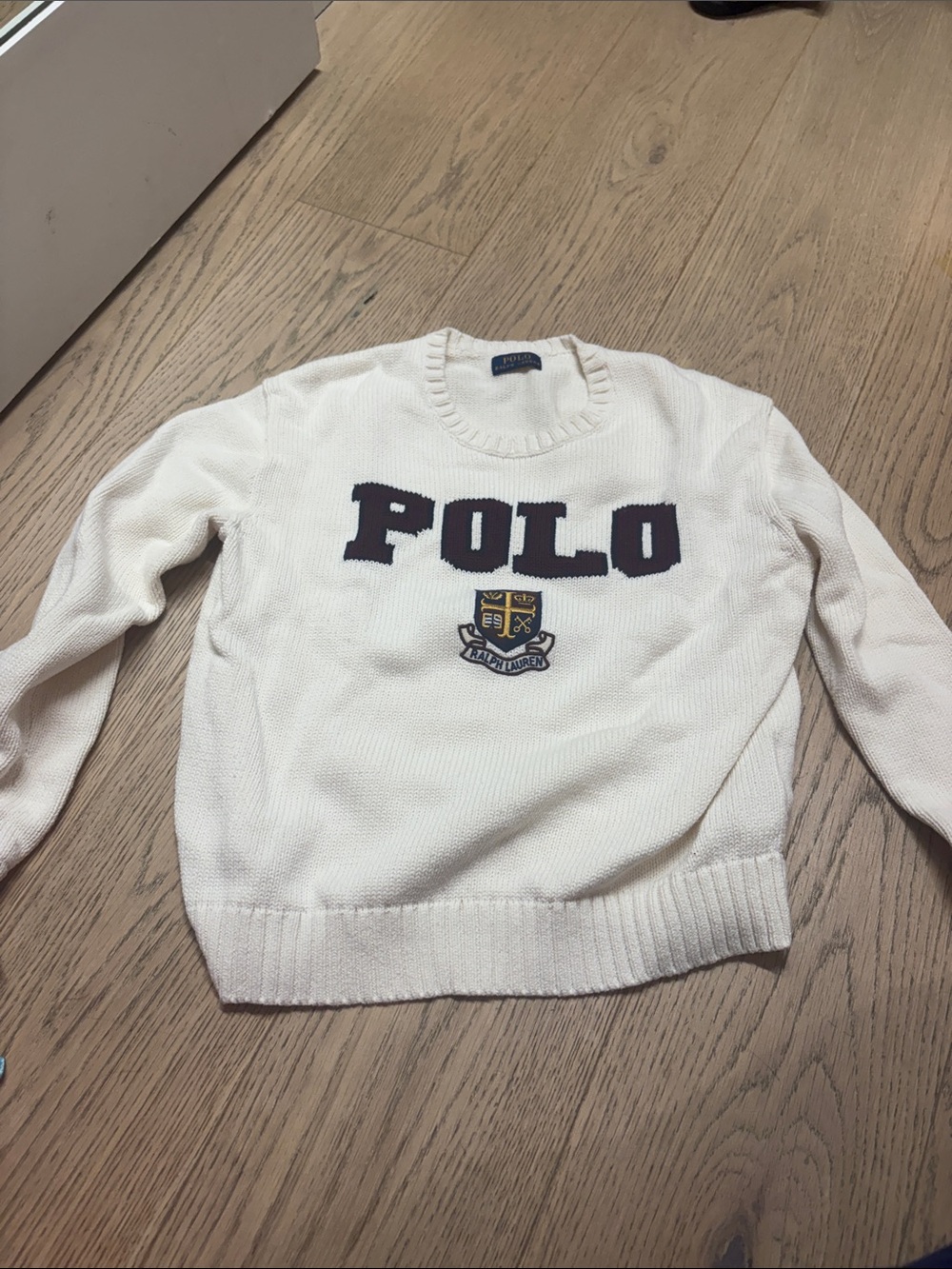 Polo by Ralph Lauren Cream Crewneck Sweater with Navy POLO Lettering and Crest